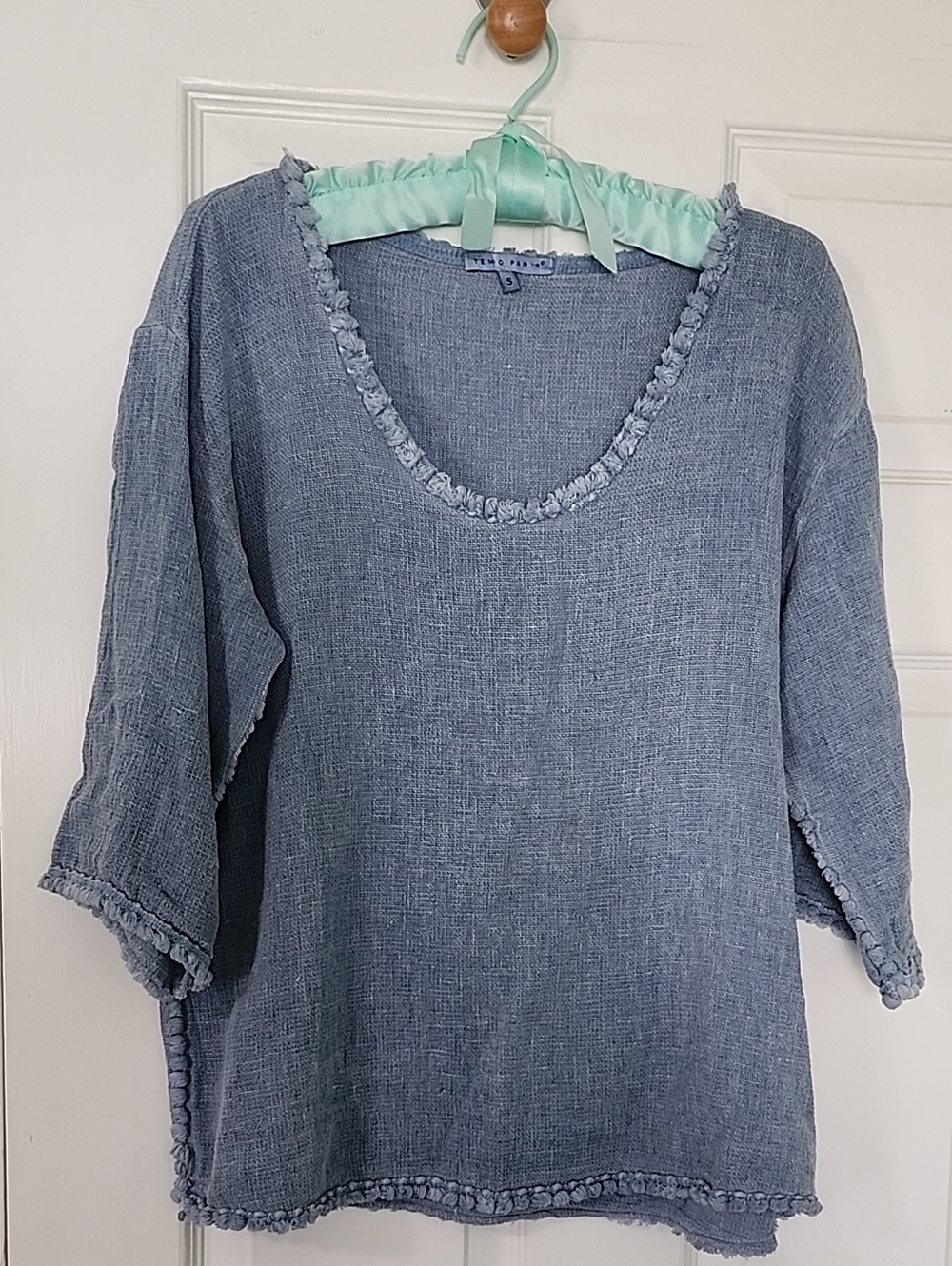 Tempo Paris Casual Light Blue Textured Scoop Neck Tunic Linen Cotton